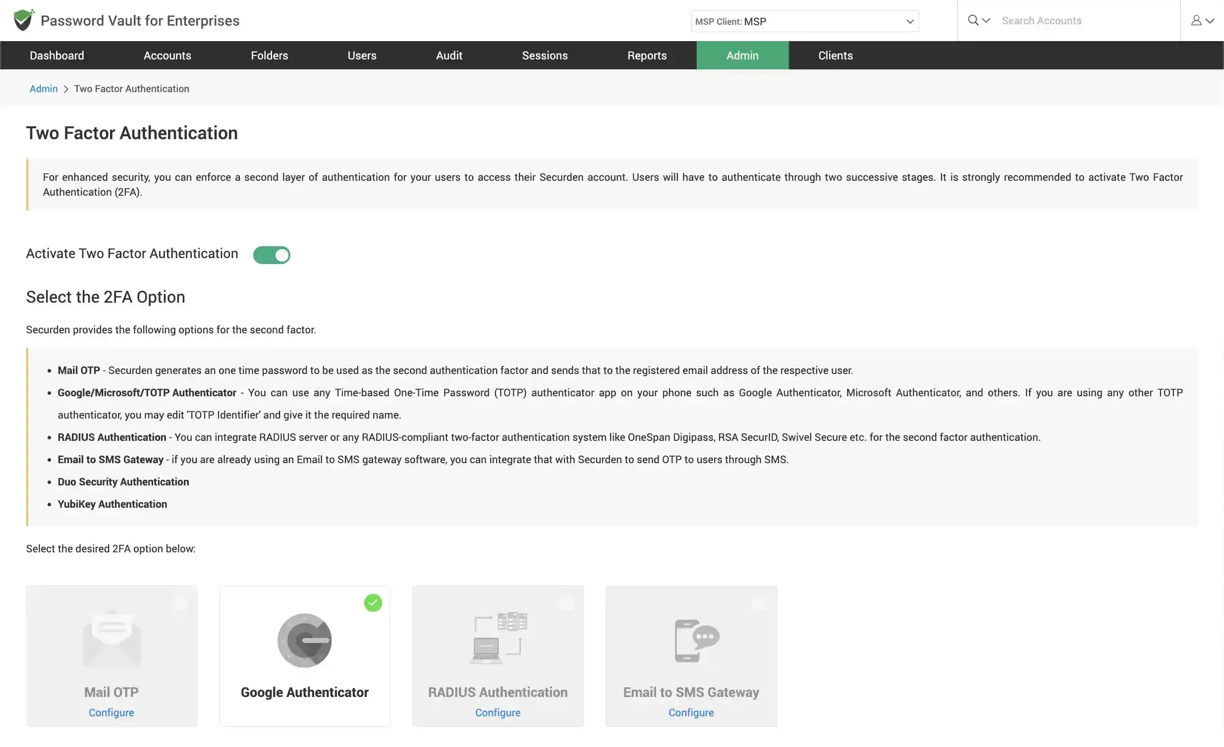 Configure TWO Factor Authentication